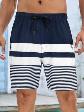Silkworld Men's Navy White Striped Swim Trunks NWT